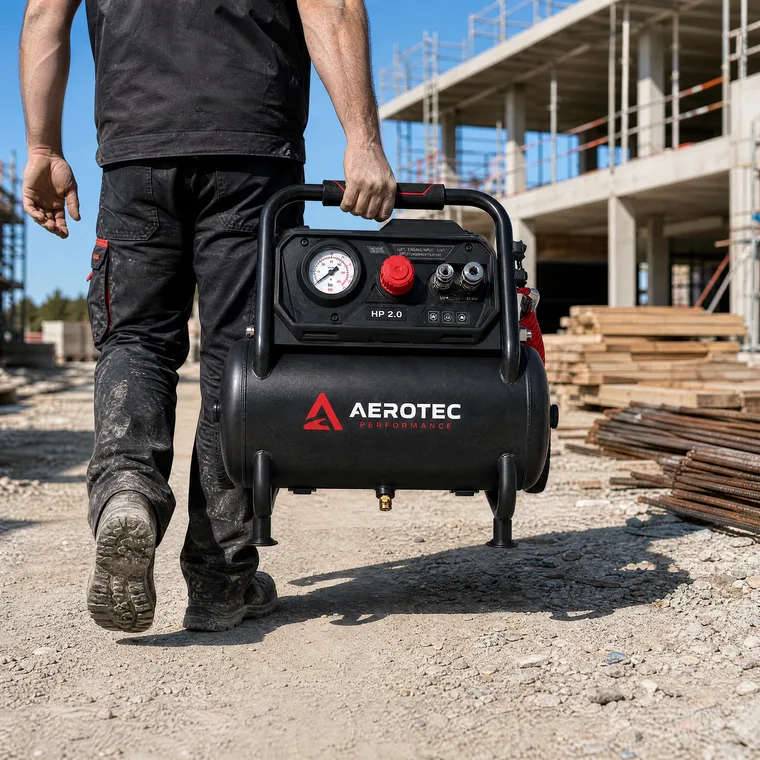 Der Akkukompressor wird über eine Baustelle getragen